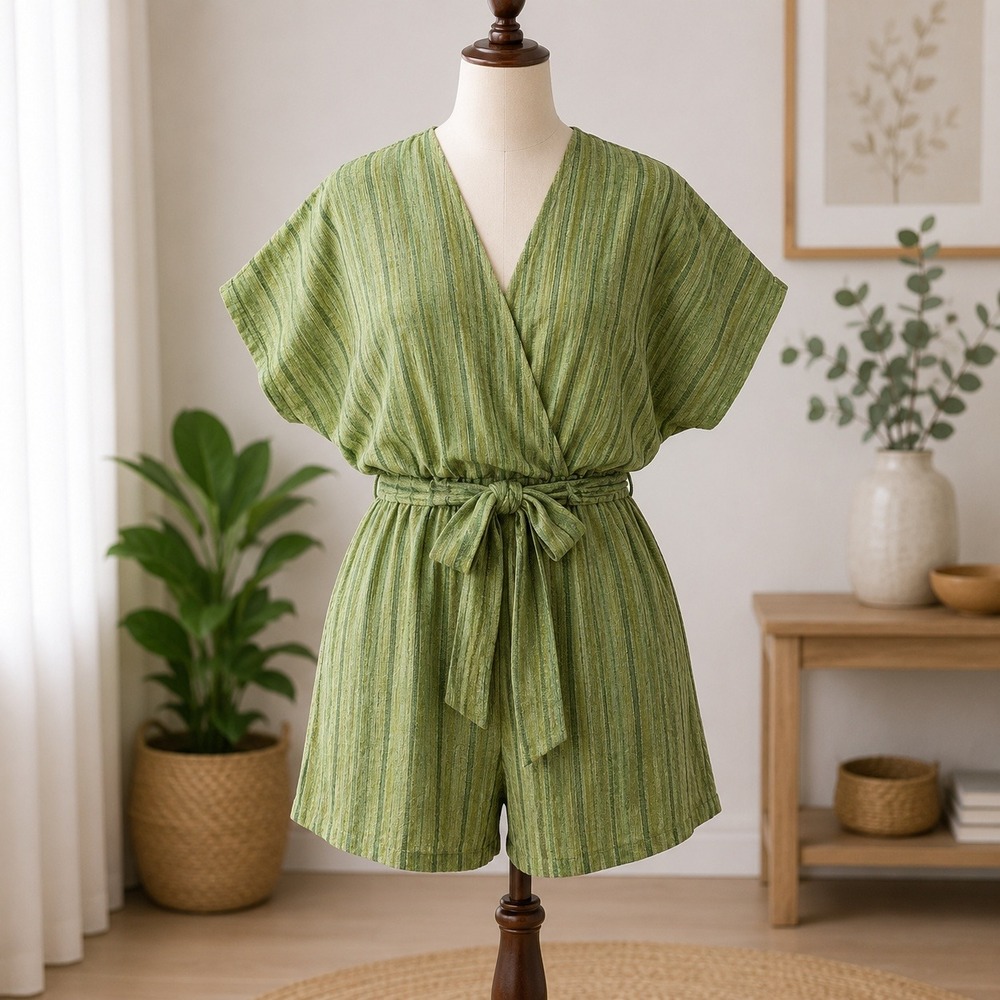 NWT CUPSHE Romper  Green Chevron Stripe Tie Waist V-Neck‎ Short Sleeve Jumpsuit